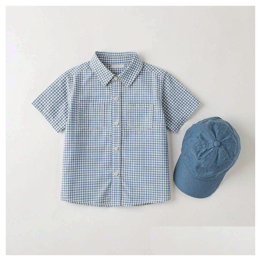 童趣屋·男童格纹短袖衬衫（配棒球帽）